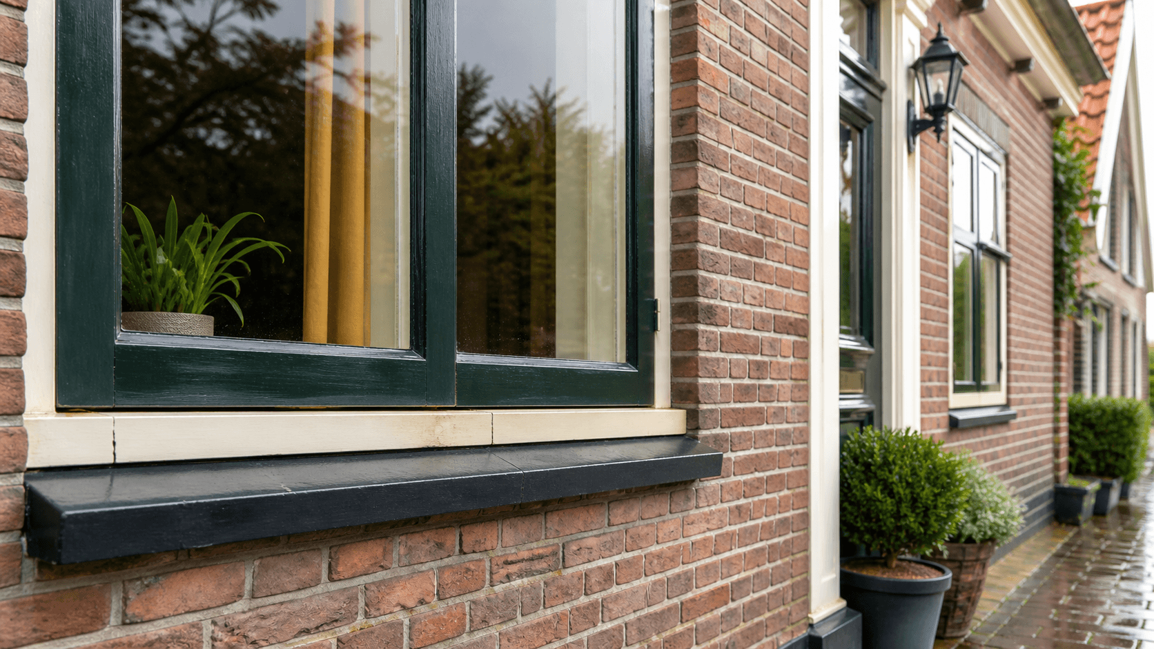 Groene en crèmekleurige kozijnen met vroege signalen voor schilderonderhoud
