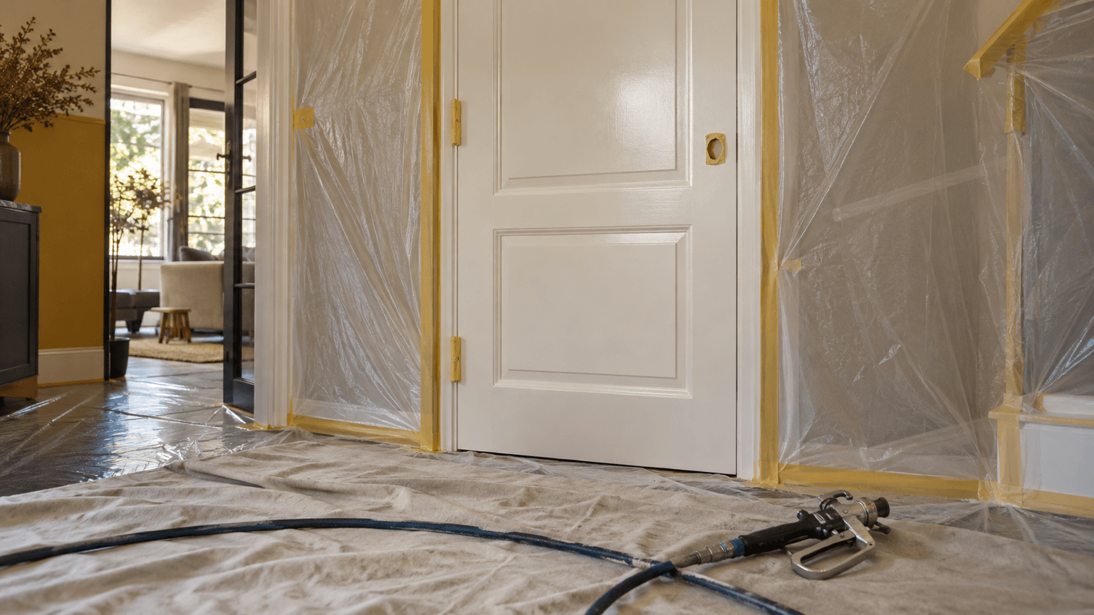 Gespoten gebroken witte paneeldeur in een hal, met afgeplakte kozijnen, folie over de wanden en een airless spuitpistool met slang op een afdekkleed