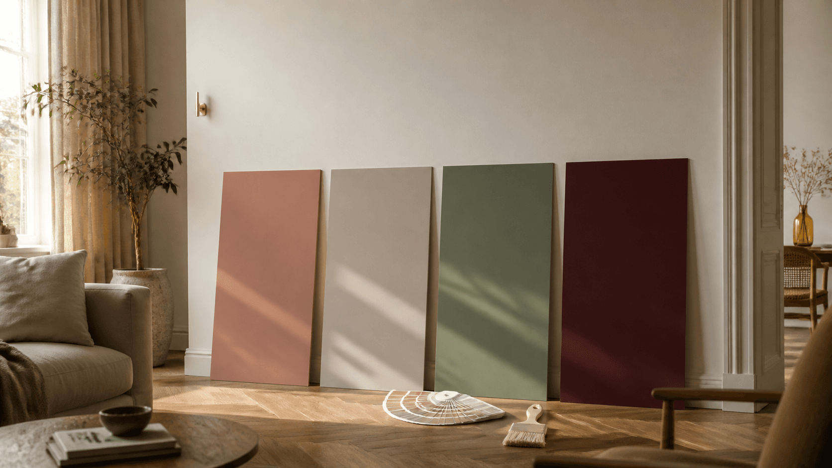 Vier grote kleurtestpanelen in een woonkamer met natuurlijk daglicht