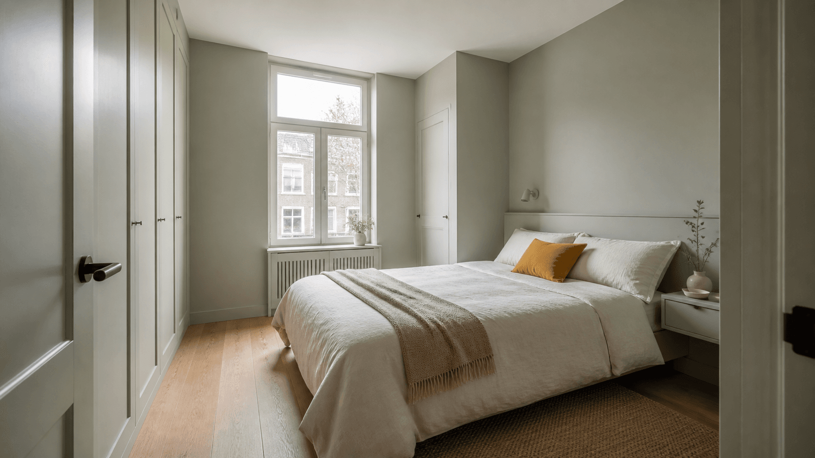 Compacte slaapkamer met rustige lichtgroene wanden en bijpassend houtwerk