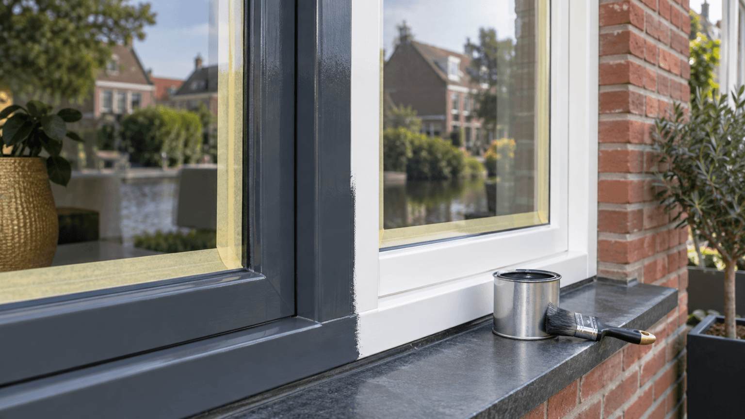 Kunststof raamkozijn in een bakstenen gevel, deels antraciet geschilderd naast het nog witte deel, met afplaktape en een verfblik op de vensterbank