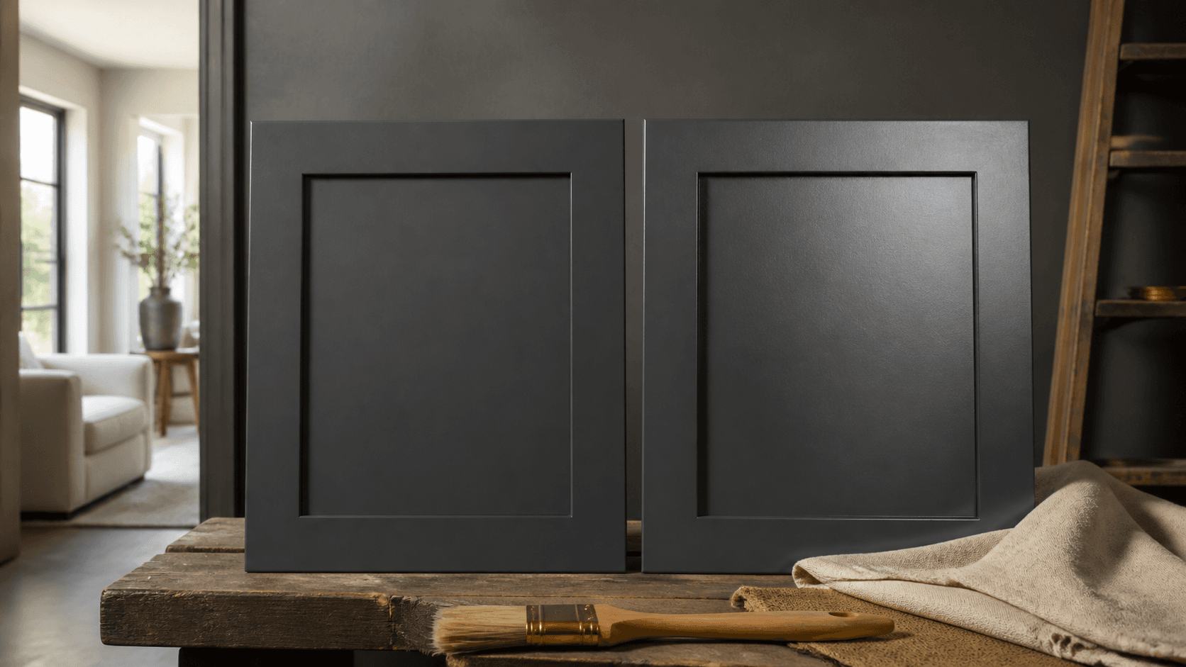 Twee donkergrijze panelen met matte en zijdeglanzende afwerking