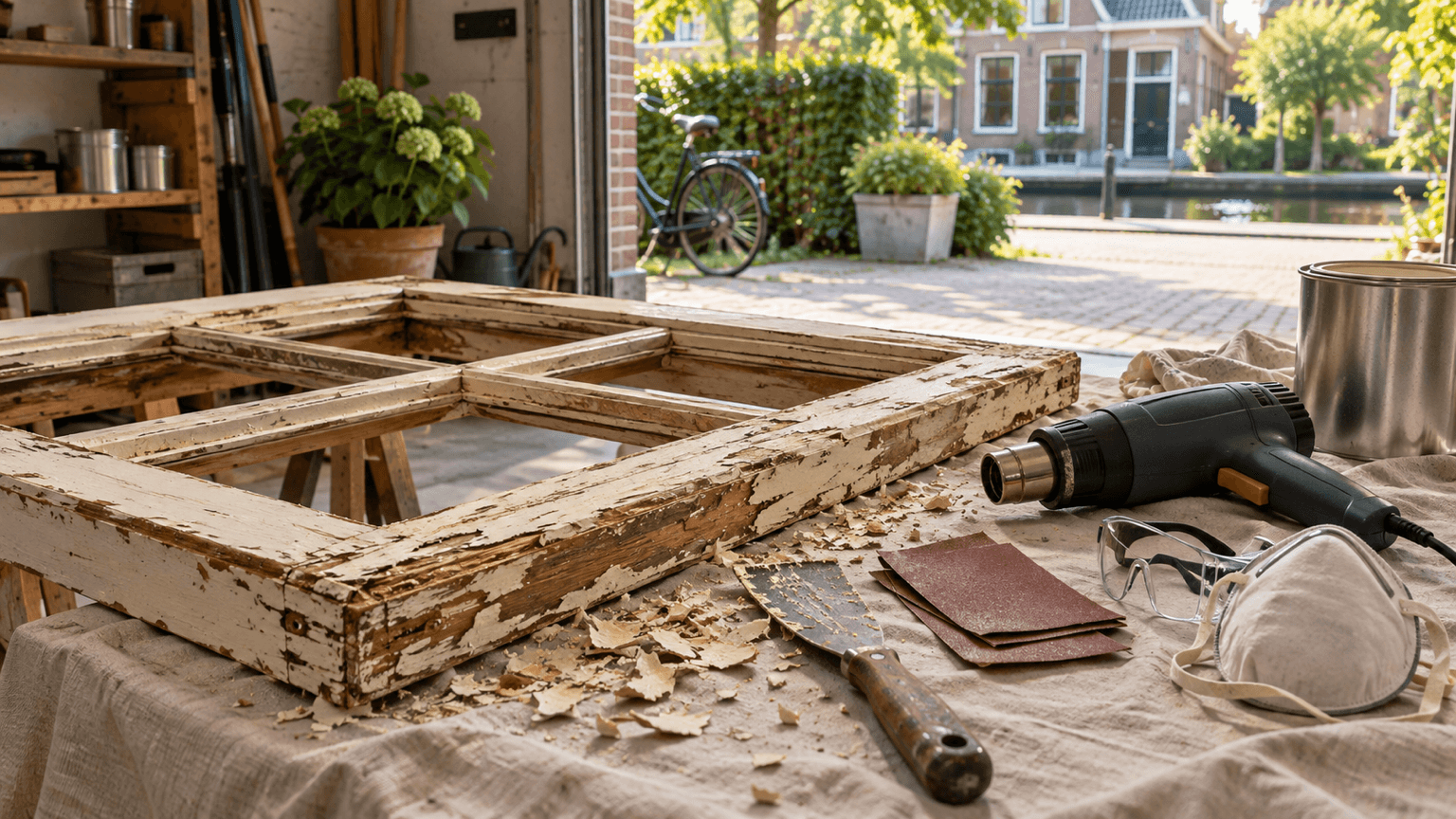 Houten raamkozijn met afbladderende crèmekleurige verf op schragen, met verfschraper, heteluchtpistool, schuurpapier, veiligheidsbril en stofmasker