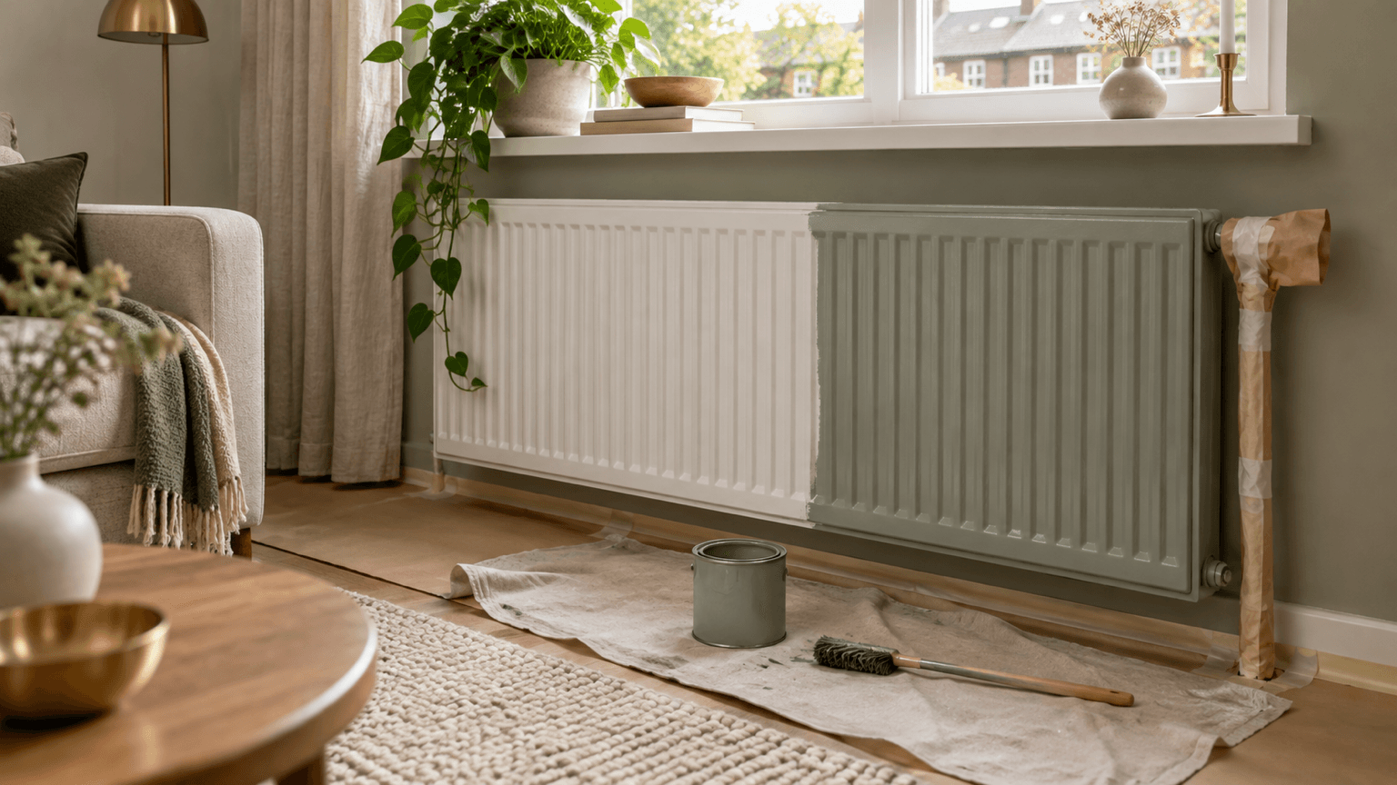 Paneelradiator onder een raam, half wit en half in de grijsgroene wandkleur geschilderd, met radiatorkwast en verfblik op een afdekkleed