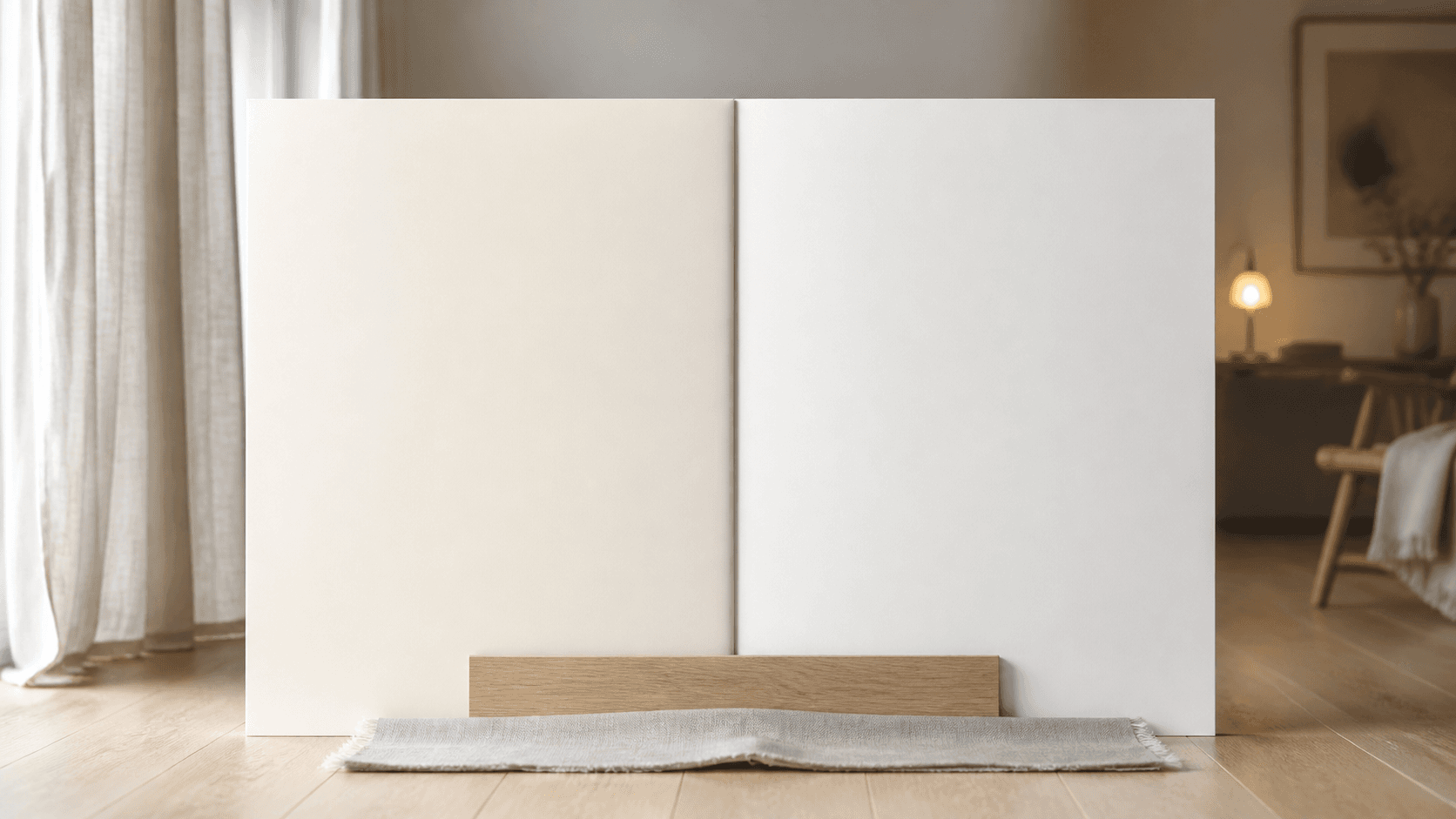 Warme en koele witte testpanelen naast elkaar in hetzelfde interieurlicht