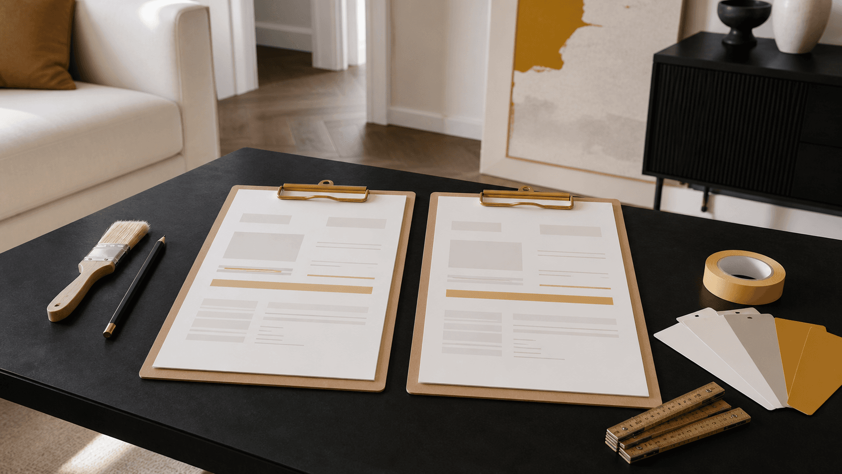 Twee schilderoffertes naast elkaar met kwast, kleurstalen en meetgereedschap