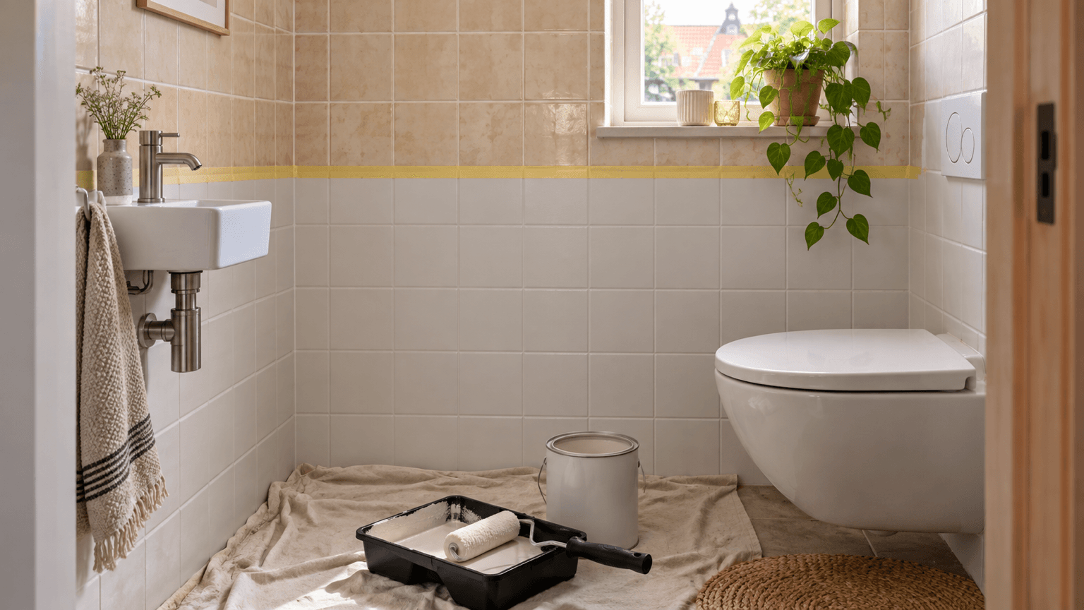 Toilet met oude beige wandtegels bovenin en lichtgeschilderde tegels eronder, gescheiden door afplaktape, met verfbak, roller en blik op een afdekkleed