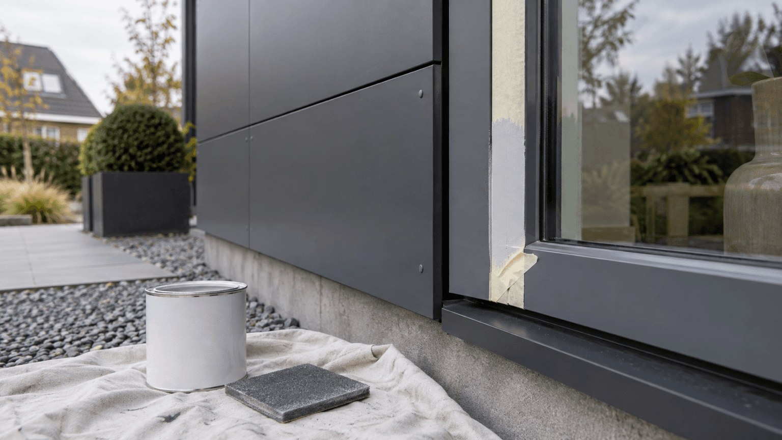 Donkergrijze gevelplaten naast een aluminium kozijn met een afgeplakte proefstrook grondverf, een blik primer en een schuurpad op een afdekkleed